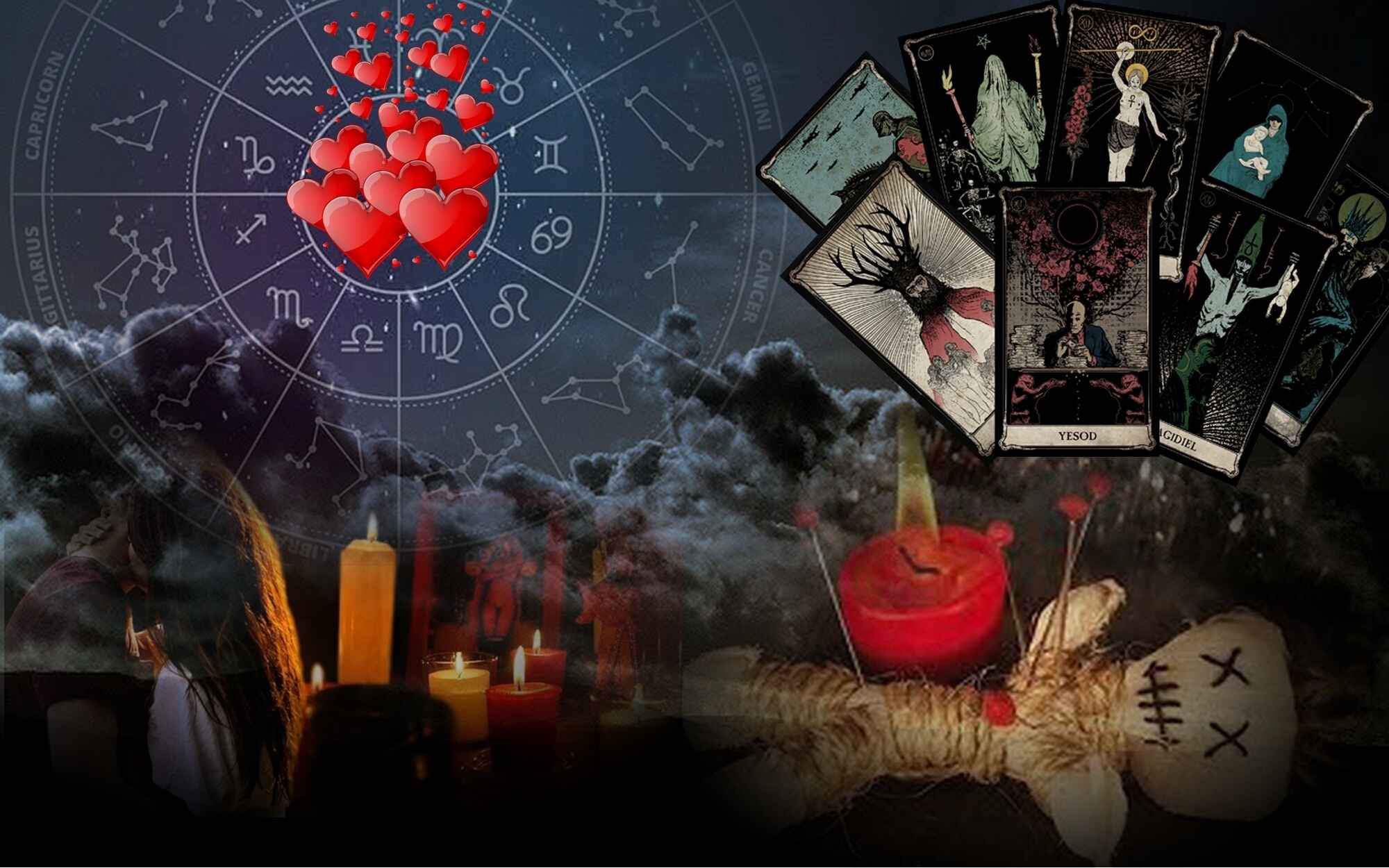 Cartas de tarot, muñeco vudú con alfileres y velas rojas para amarres instantáneos por el brujo negro en Los Ángeles.