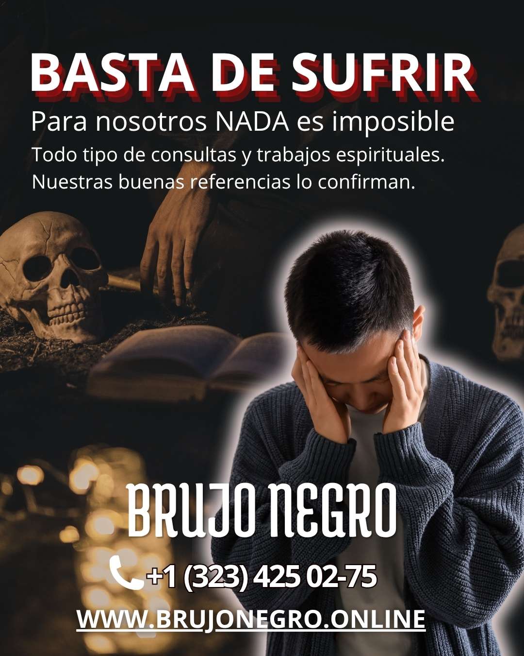 Afiche promocional de ayuda y trabajos espirituales con información de contacto telefónico y sitio web.