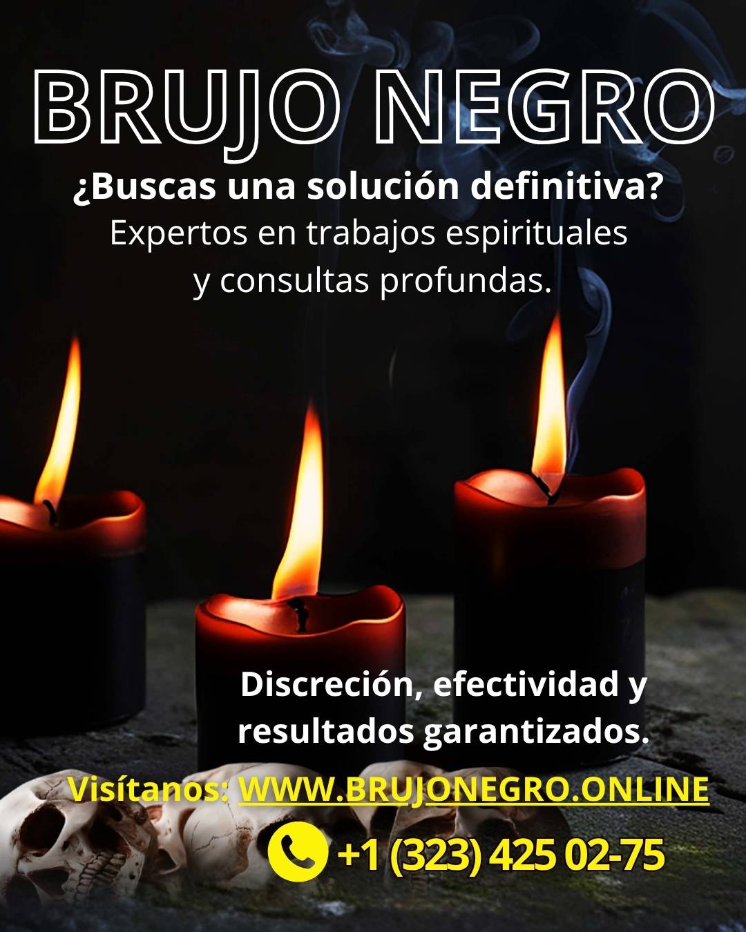 Afiche publicitario sobre trabajos espirituales con velas rituales encendidas, información de contacto telefónico y sitio web.