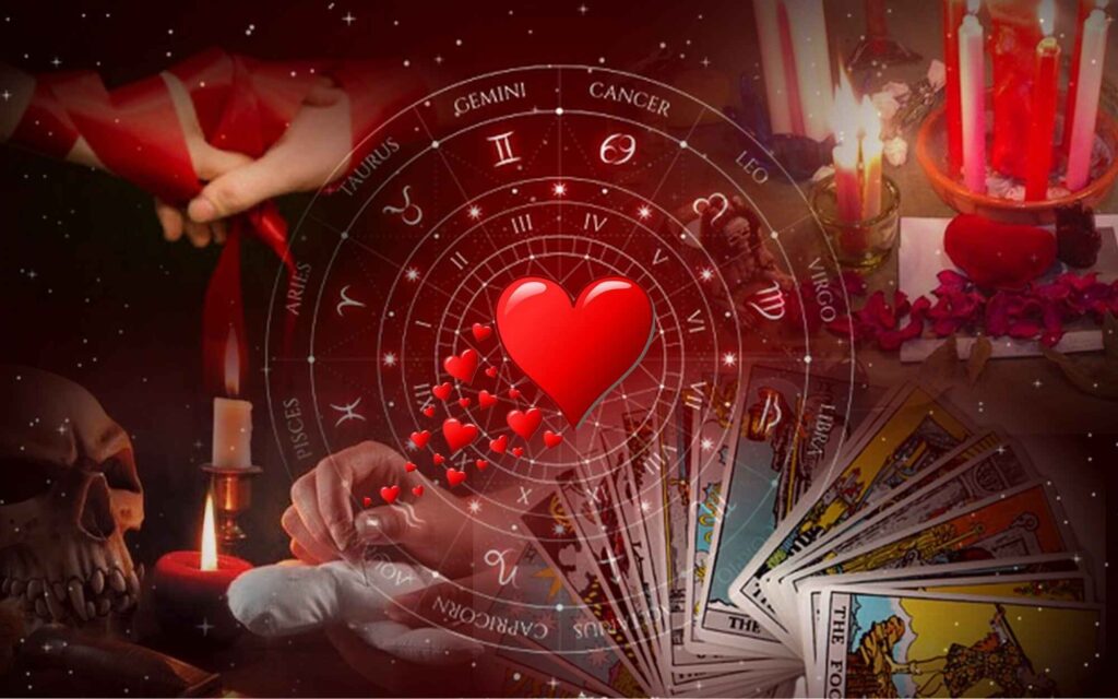 Cartas de tarot, rueda zodiacal con corazón y velas rojas para rituales de endulzamiento de amor por el brujo negro en Los Ángeles.
