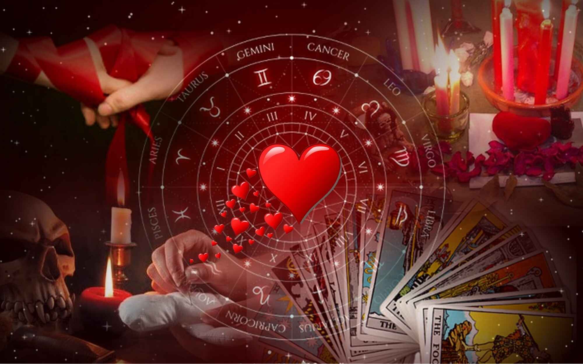 Cartas de tarot, rueda zodiacal con corazón y velas rojas para rituales de endulzamiento de amor por el brujo negro en Los Ángeles.