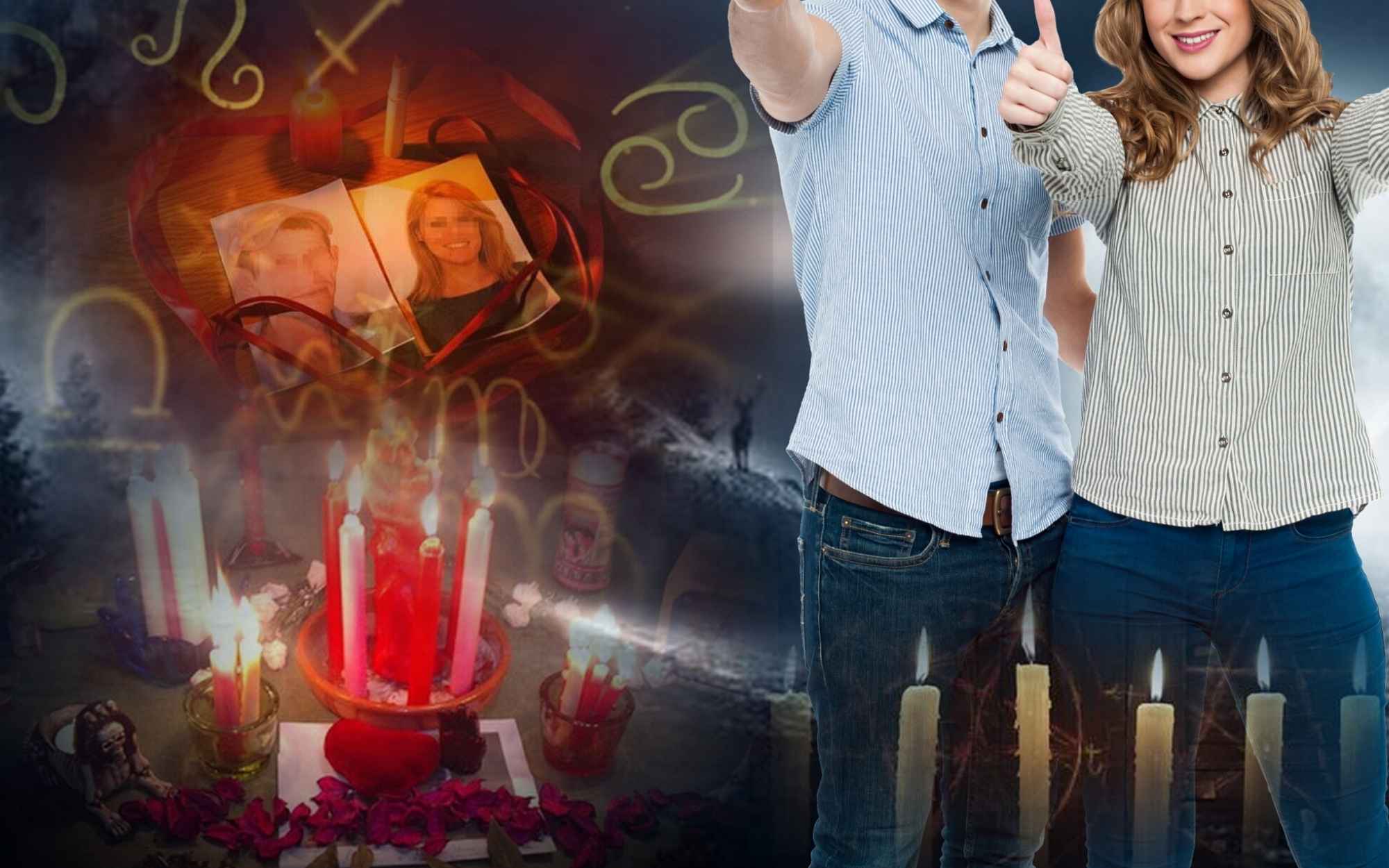 Pareja unida junto a velas rojas de ritual y fotografías para retorno de pareja por el brujo negro en Los Ángeles.