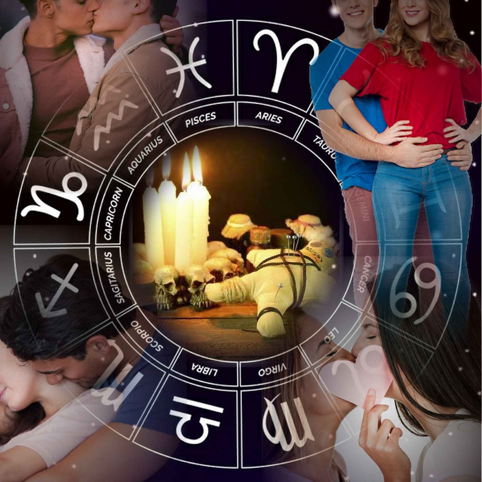 Rueda del zodíaco con velas y muñeco de ritual para amarres de pareja y retornos del brujo negro en Los Ángeles.