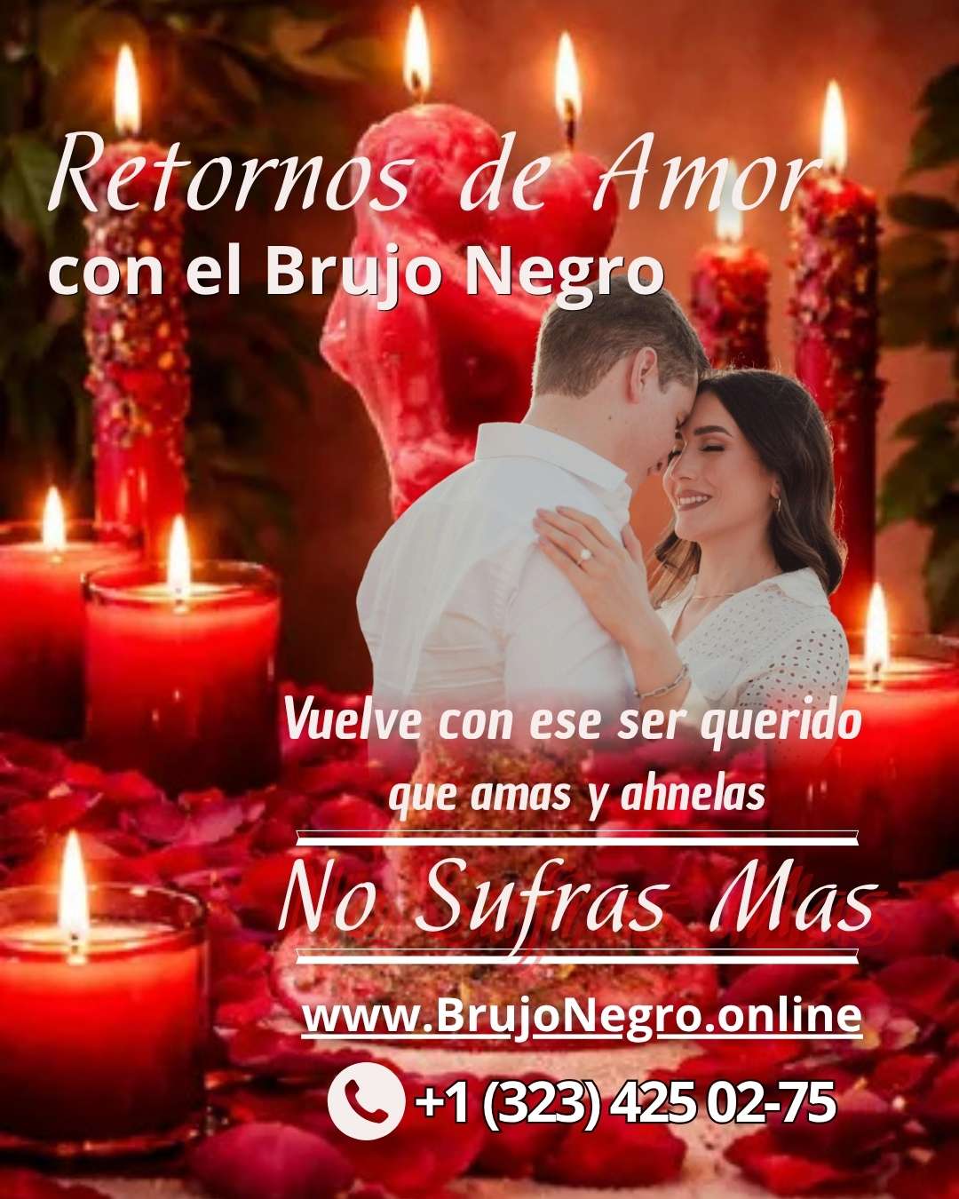 Volante digital de Brujo Negro para retornos y amarres de pareja con información de sitio web y número de WhatsApp.