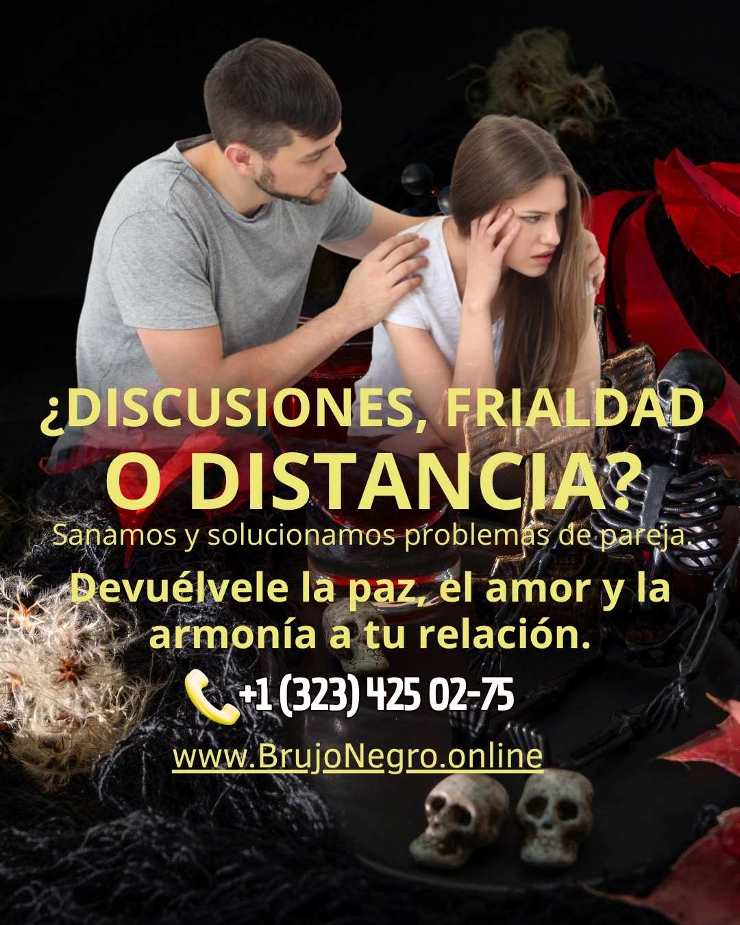 Banner promocional para solución de problemas de pareja, distanciamiento y reconciliación con datos de contacto.